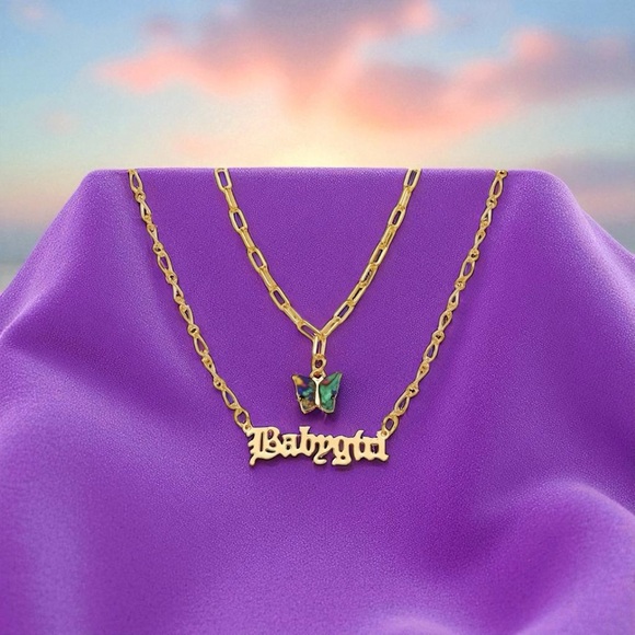 Magickallyfab Jewelry - Double Layer  Butterfly and Babygirl Pendent Necklace